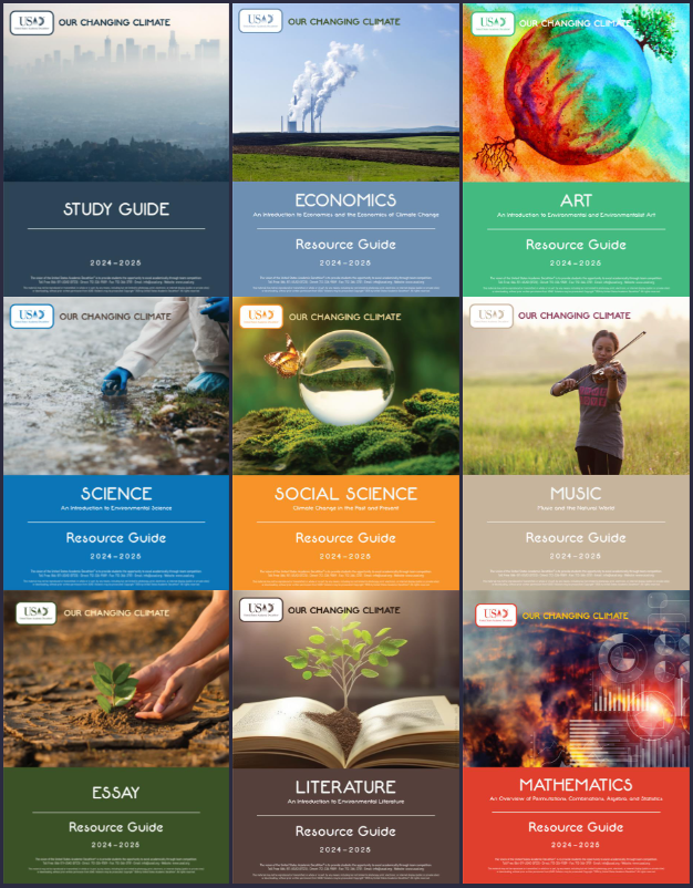 A collection of USAD 2024-2025 curriculum resource guide covers, each representing a different subject area, including Art, Economics, Essay, Interview, Literature, Mathematics, Music, Science, Social Science, and Speech. These guides provide study materials for Academic Decathlon participants.