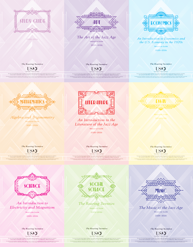 A collection of USAD 2024-2025 curriculum resource guide covers, each representing a different subject area, including Art, Economics, Essay, Interview, Literature, Mathematics, Music, Science, Social Science, and Speech. These guides provide study materials for Academic Decathlon participants.